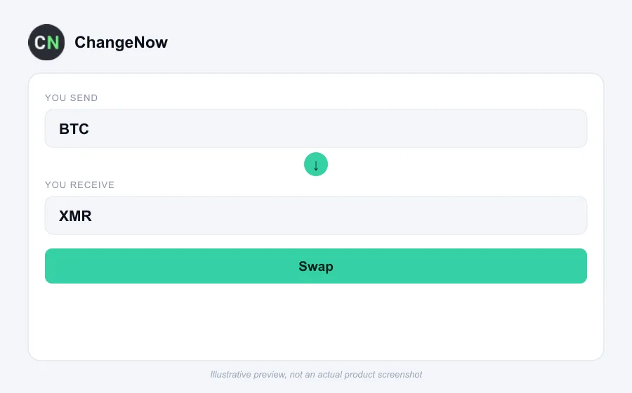 ChangeNow swap flow, illustrative preview (not an actual product screenshot)